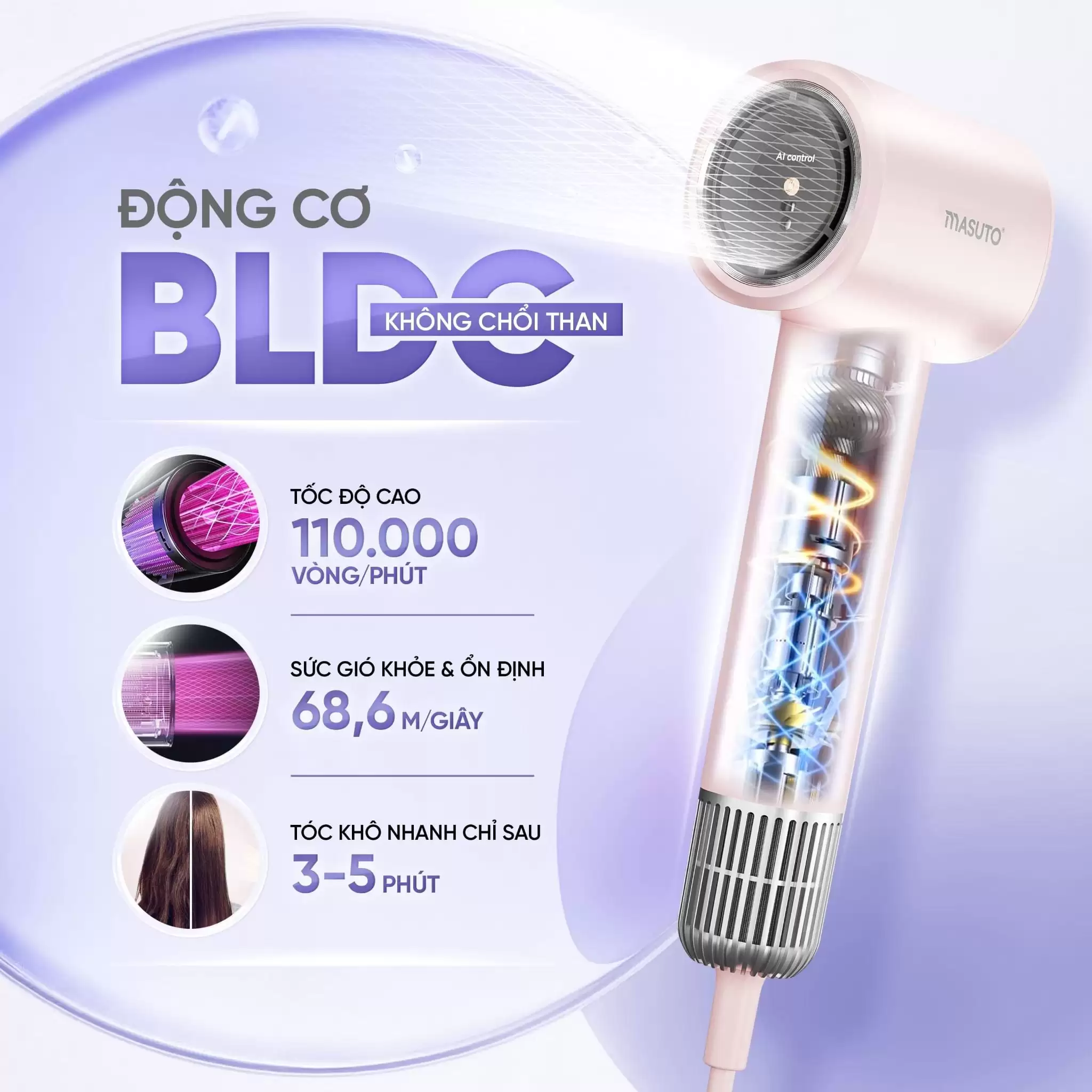 Máy sấy tóc ion âm Masuto SkyAI – Cảm biến AI bảo vệ da đầu