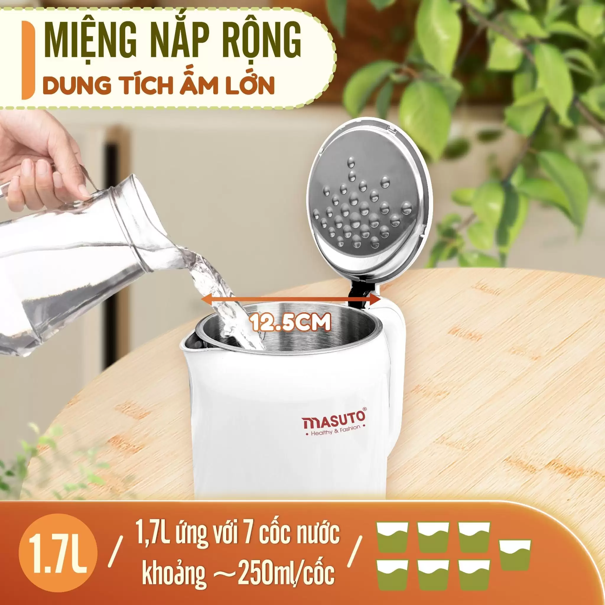 Ấm đun siêu tốc Masuto 1,7L MS Nami 2 lớp giữ nhiệt chống bỏng an toàn inox 304 nguyên khối 9 AUTO-DRAFT