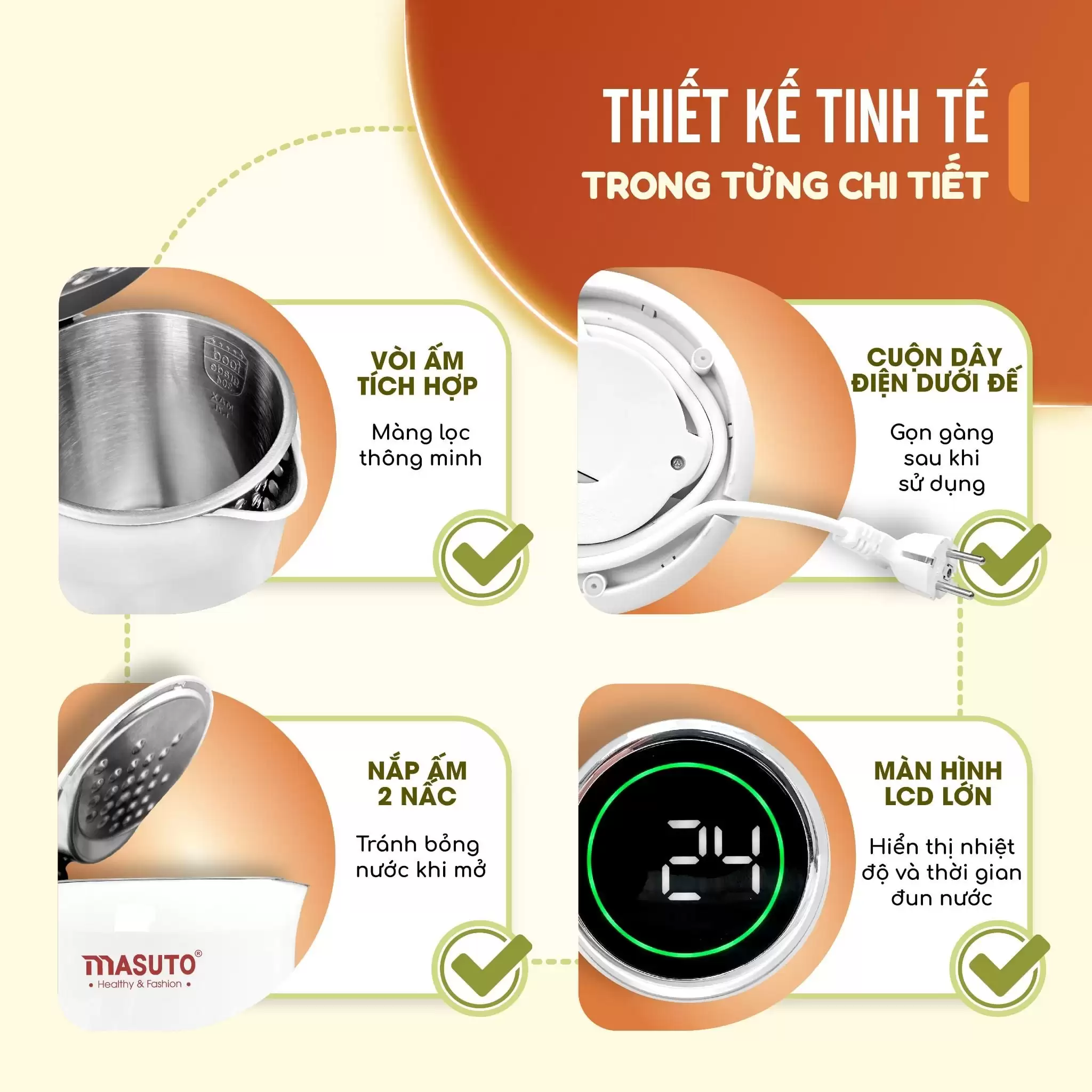 Ấm đun siêu tốc Masuto 1,7L MS Nami 2 lớp giữ nhiệt chống bỏng an toàn inox 304 nguyên khối 6 AUTO-DRAFT