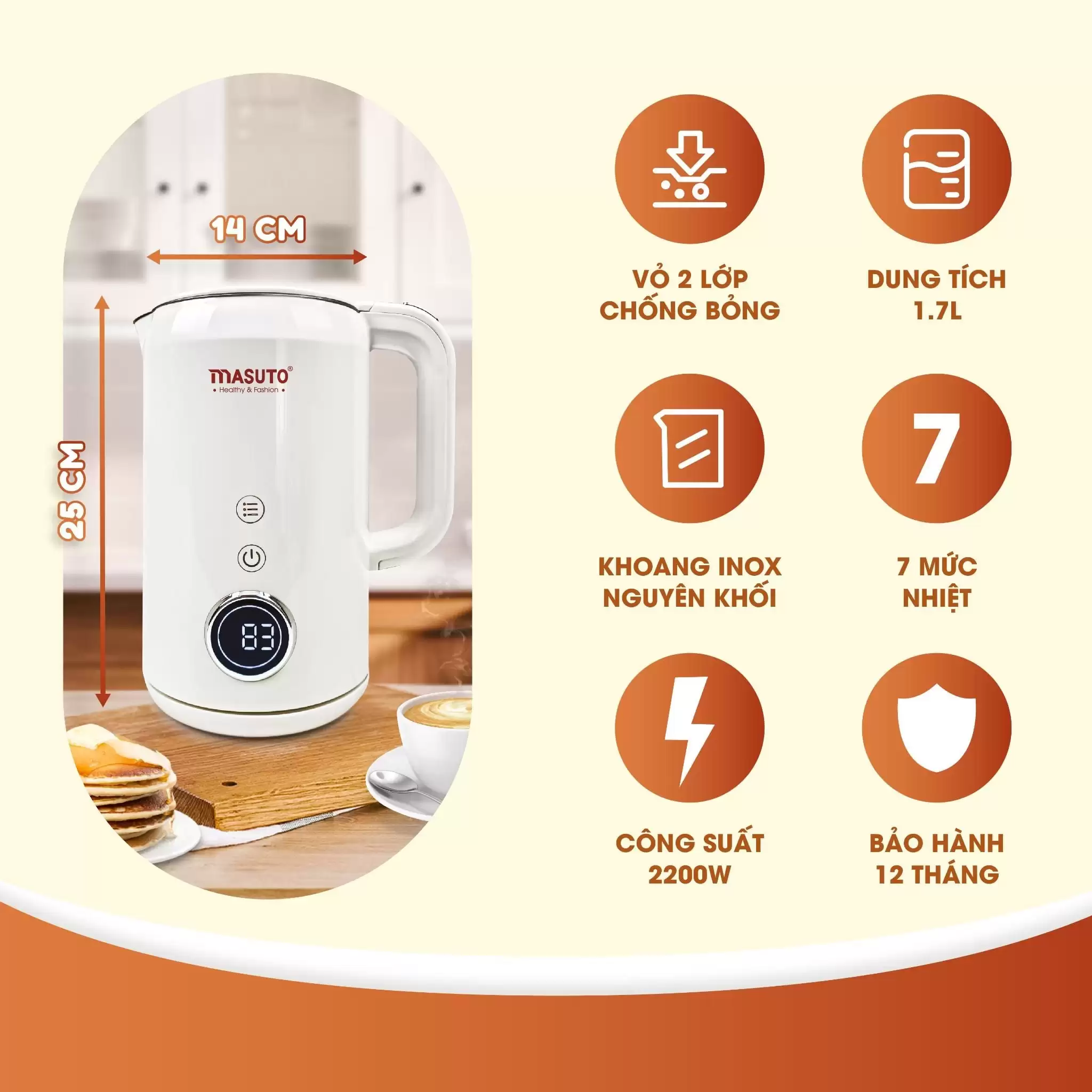 Ấm đun siêu tốc Masuto 1,7L MS Nami 2 lớp giữ nhiệt chống bỏng an toàn inox 304 nguyên khối 5 AUTO-DRAFT