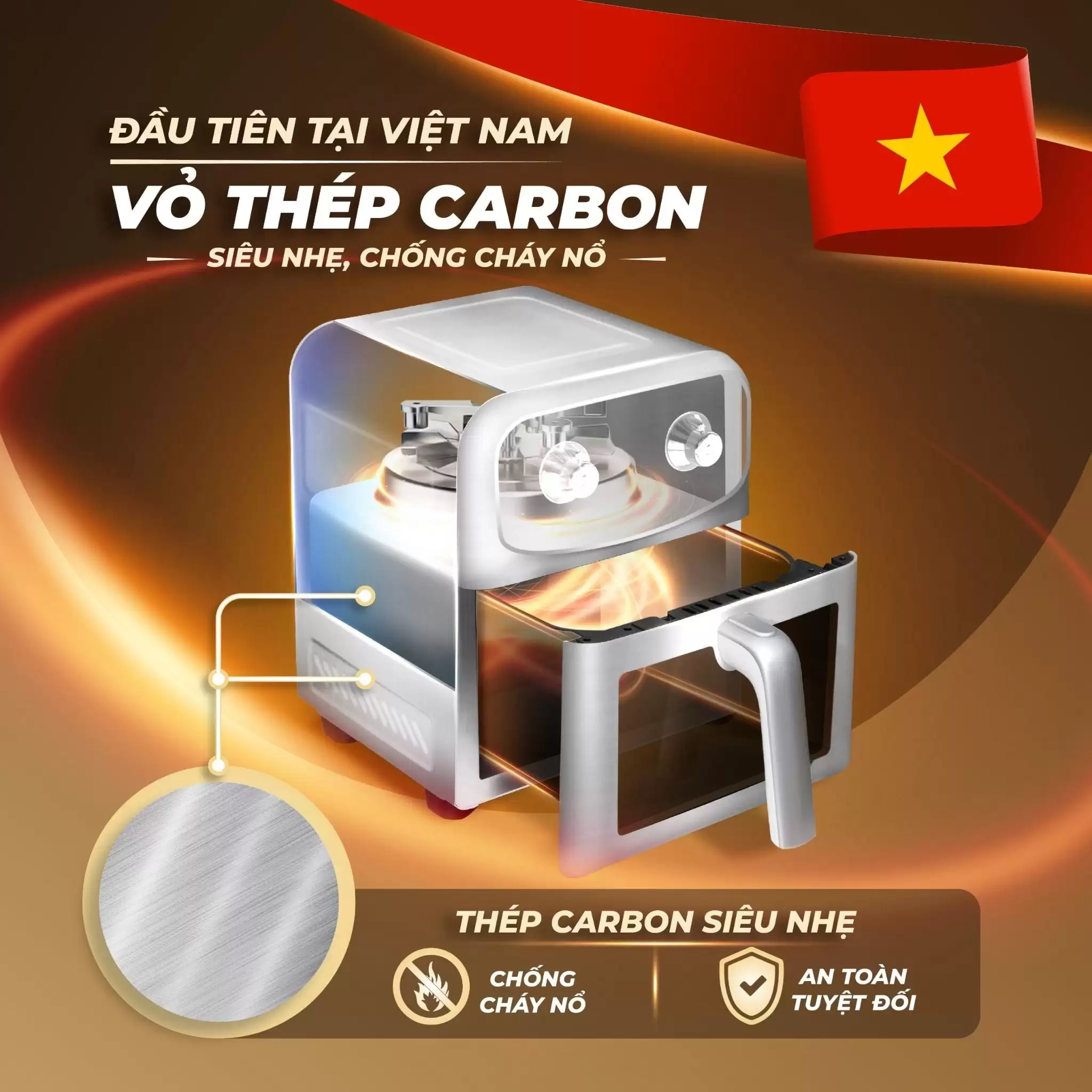Alternative view of Nồi Chiên Không Dầu Masuto MSKing 6L-1700W 2 Tầng Đốt, Nồi Chiên Hơi Nước Phun Sương Vỏ Thép Cacbon