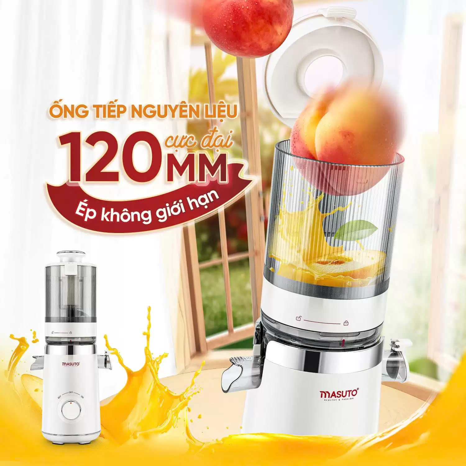 Máy ép chậm Masuto MS Fresh Ép Nguyên Quả Công Suất 150W, Đường Kính Ống Tiếp Cực Đại 120mm