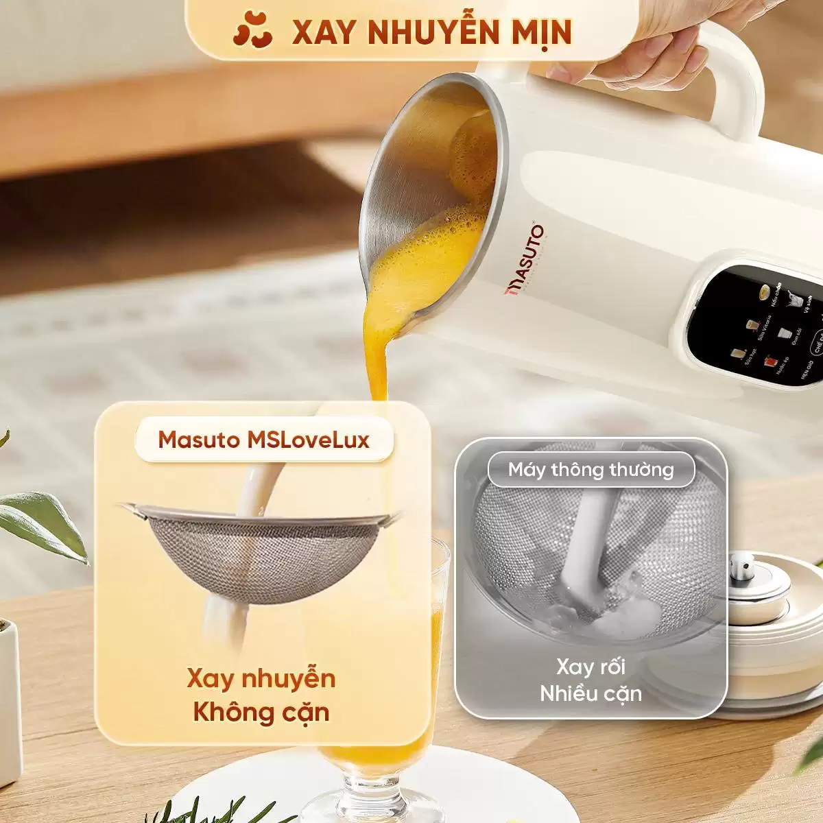 Máy làm sữa hạt Masuto 1L bản Premium, Công nghệ vi áp 3D xay nấu nhuyễn mịn Dao xay đa tầng 12 cánh